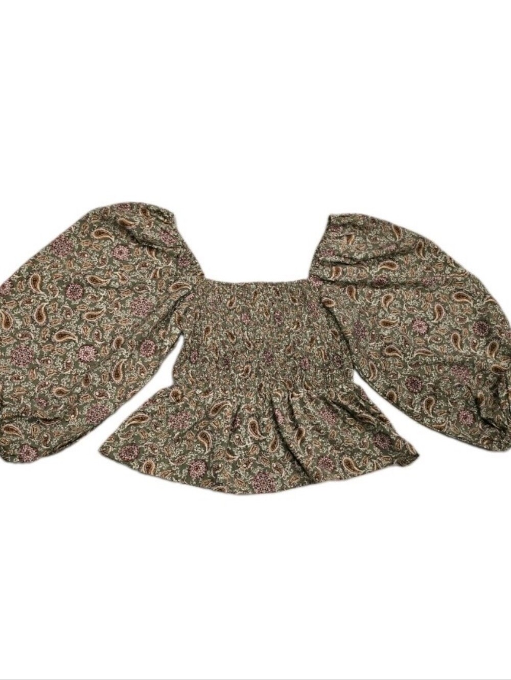 Blu Pepper Sage Paisley Smocked Peplum Blouse  Boho Cottagecore Balloon Sleeve S
